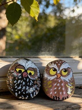 Hand crafted painted OWL rocks yellow black gray white set of 2 stones 2x2 inch